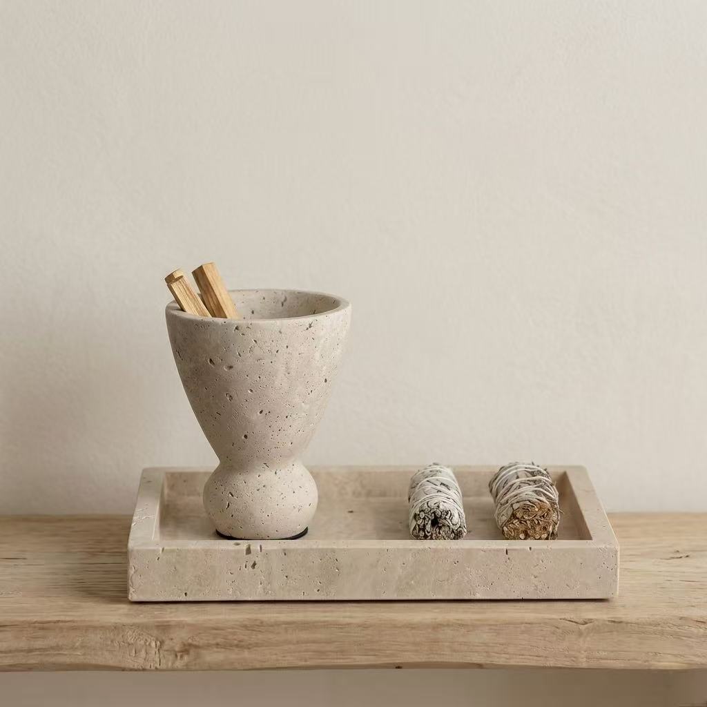 Sculptural Travertine Incense Vessel | Minimalist Wabi-Sabi Palo Santo Holder