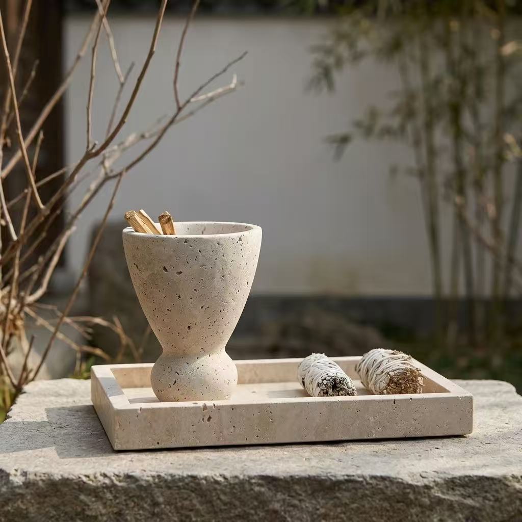 Sculptural Travertine Incense Vessel | Minimalist Wabi-Sabi Palo Santo Holder